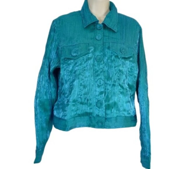 Vintage Don't Mess With Texas Womens Satin Jacket Turquoise Crinkle Pleat M - Picture 1 of 4